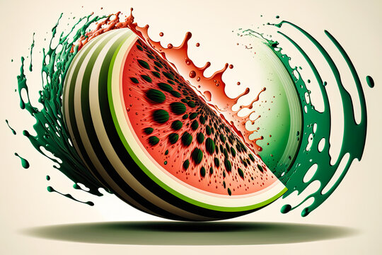 Abstract and surreal painting of a watermelon slice in red and green, with a massive seed, paint splatter, wet color explosion, and generative AI.