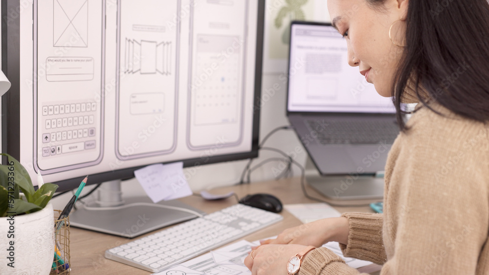 Poster woman, developer and wireframes with technology in design, planning or strategy at the office. creat