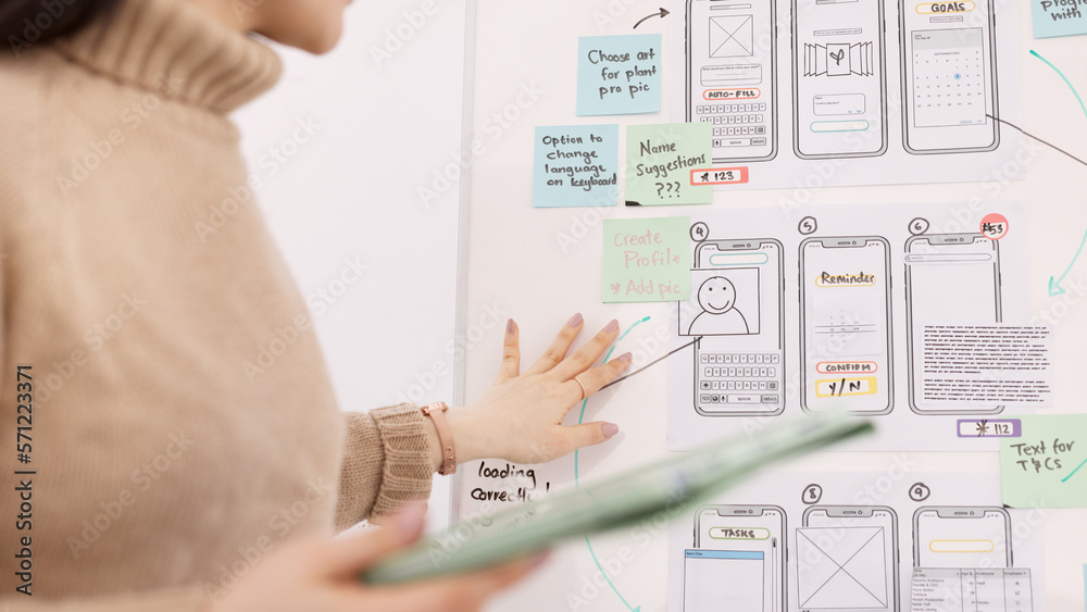 Poster Ux, presentation and design with woman and planning in meeting for idea, developer or technology. Software engineering, creative and phone ui with employee in office for it strategy, chart or website