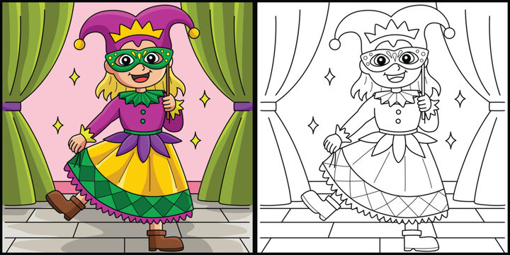 Mardi Gras Jester Girl Coloring Page Illustration