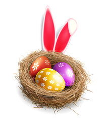 Easter eggs with a pattern in a nest with rabbit ears.