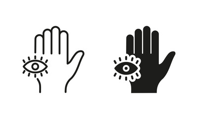 Mystic Hand Palm and All Seeing Eye Silhouette and Line Icon Set. Magic Providence Fatima Pictogram. Hamsa Egypt Esoteric Occult Amulet Icon. Khamsa Conspiracy. Editable Stroke. Vector Illustration
