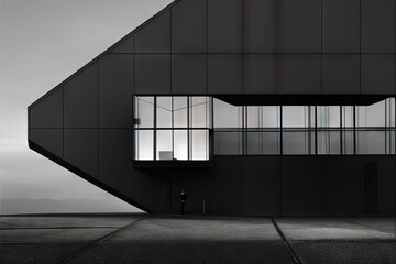 Black and white photo of abstract concrete building with windows