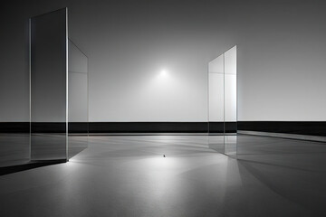 Black and white image of abstract glass buildings in desert