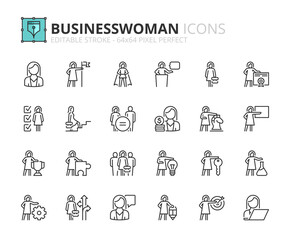 Simple set of outline icons about businesswoman
