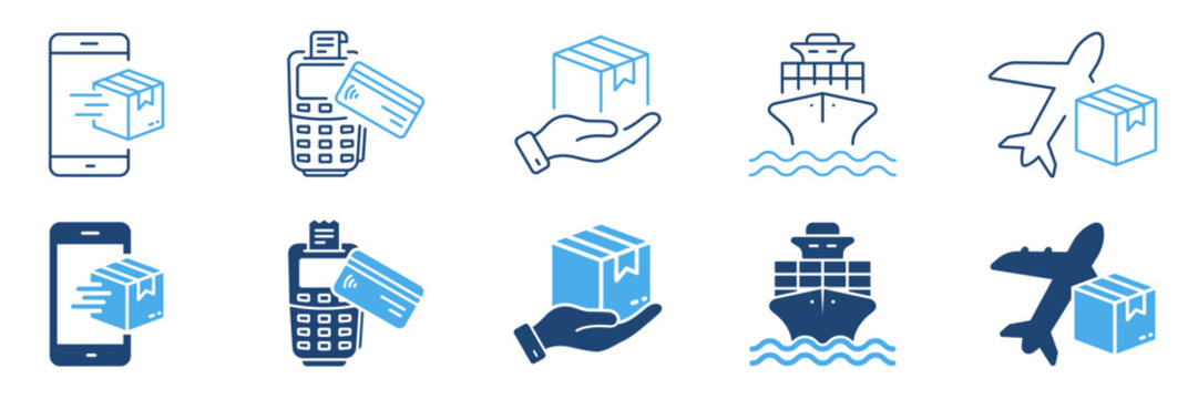 Order Package Cargo Shipment Silhouette and Line Icon Set. Shipping Transportation Cardboard Parcel Box Pictogram. Fast Delivery Service by Air, Ship Post Icon. Isolated Vector Illustration