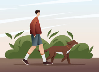 illustration with a guy in a red t-shirt, blue shorts, krasovki, walking with a dog in an orange leash with green plants and a beautiful sky in the background in a flat style