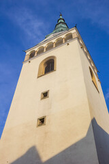 Fototapeta na wymiar Tower of the historic cathedral in the center of Zilina, Slovakia
