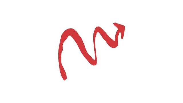Animated sketch, hand draw wavy red arrow on white background.
