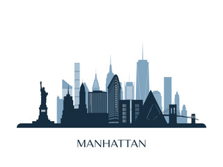 Naklejka premium Manhattan skyline, monochrome silhouette. NYC skyline. Vector illustration.