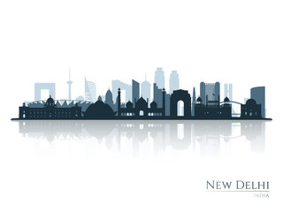 New Delhi skyline silhouette with reflection. Landscape New Delhi, India. Vector illustration.