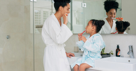 Dental, bathroom and mother and child brushing teeth for oral health, teeth healthcare and cleaning...
