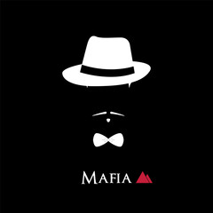 Gentleman head with bow tie and hat isolated on black background. Mafia avatar. Stylish mafioso vector portrait. - obrazy, fototapety, plakaty