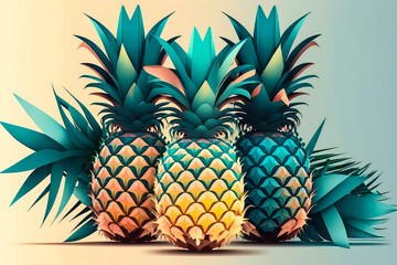 Abstract illustration of multiple colorful pineapples in different poses, 3d art style, smoothie bar, ice cream, green leaves, white background, generative ai