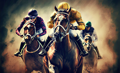 Horse Racing. horses with jockeys race on the track. Generative ai