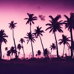 Obraz na płótnie Canvas Night landscape with palm trees, against the backdrop of a neon sunset, stars. Silhouette coconut palm trees on beach at sunset. Space futuristic landscape. Neon palm tree - generative ai