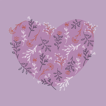 Romantic pink heart with stroke herbs