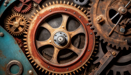 Fototapeta premium Vintage rusty Machinery gears steampunk background. Generative AI