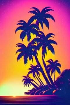 Night landscape with palm trees, against the backdrop of a neon sunset, stars. Silhouette coconut palm trees on beach at sunset.  Space futuristic landscape. Neon palm tree - generative ai