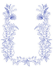 Rectangle frame with Blue Fern, Eucalyptus and Herbs on white background. Chinoiserie inspired.