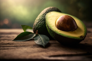 sliced avocado on a wooden table created with Generative AI technology