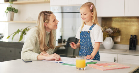 Education, mother and girl writing in kitchen for school task, assignment or homework. Help,...