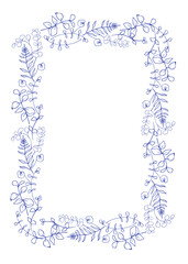 Rectangle frame with Blue Fern, Eucalyptus and Herbs on white background. Chinoiserie inspired.