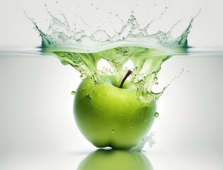 Fototapeta na wymiar Green apple fell into the water and created a splash on white background. Generative AI