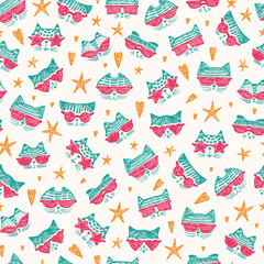 Hand Drawn Doodle Cute Stylish Trendy Hipster Cats with Sunglasses Vector Seamless pattern