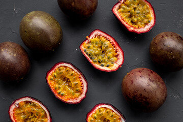 Fruit pattern of ripe fresh passion fruits, top view