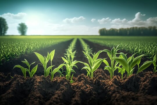 Springtime corn field with fresh, green sprouts in soft focus. In a farmed farm area, young, green corn seedling sprouts are growing. Agricultural landscape with soil based corn sprouts, Generative AI