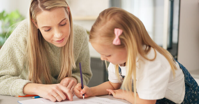 Education, Mother And Learning Child Writing Or Drawing For Kindergarten School Homework Or Project In A House. Support, Development And Mama Helping Or Working With A Smart And Creative Girl Student