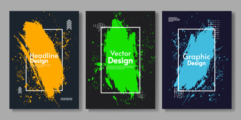 Set of art paint posters with dark backdrop. Design for poster, cover, banner, brochure, greeting card, business card.