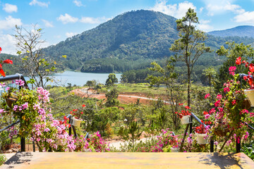 Landscape with flowers, lake and  mountains in Da Lat  in Vietnam