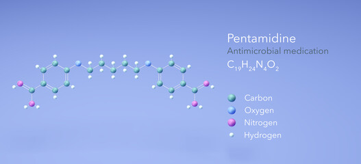 pentamidine molecule, molecular structures, Antimicrobial medication, 3d model, Structural Chemical Formula and Atoms with Color Coding