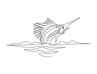 Continuous one line drawing of marlin fish. Simple illustration of marlin fish jumping line art vector illustration