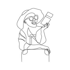 Travelling girl at the airport terminal with suitcase and boarding pass tickets. One line art. Woman is waiting to go on a trip. Travel concept. Hand drawn vector illustration.