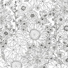 Vector carpet of flowers. Antistress coloring book for adults.   