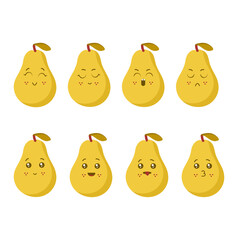 Cute vector set of pears. Collection of pears characters in different expressions. Funny fruit character isolated