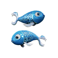 3d rendering of blue metal fish lucky ornament statue from perspective view