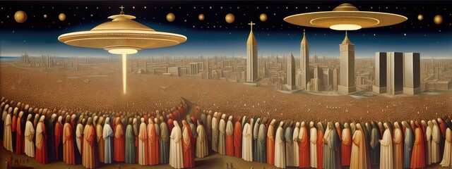 Ancient UFO, The Ancient Bible secrets illustration.. Generative AI