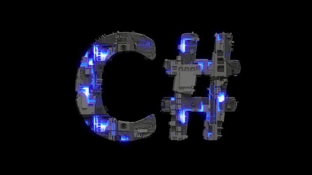 scrap metal cyberpunk text C# with electrical light and animated surface, isolated - loop video
