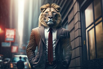 Portrait of a serious business lion on a city street. Generative ai. - obrazy, fototapety, plakaty