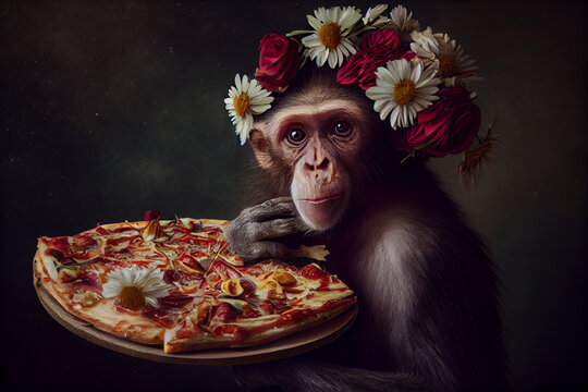 Monkey eating pizza, creative art portrait. Generative AI