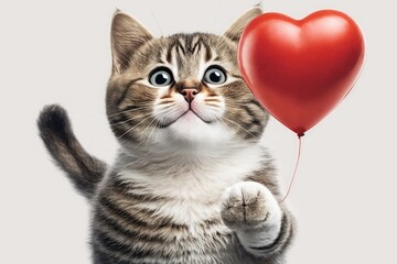 Cute pet cat with red heart balloon. Generative ai.