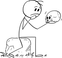 Person or Hamlet Holding Skull and Thinking , Vector Cartoon Stick Figure Illustration