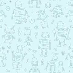 Fototapeta premium Cute doodle robots pattern paper. Hand drawn outline seamless vector print for kids.
