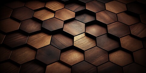 Hexagonal wooden tiles pattern, honeycomb shaped background made of timber. AI generative image. - obrazy, fototapety, plakaty