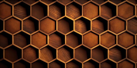 Hexagonal wooden tiles pattern, honeycomb shaped background made of timber. AI generative image.