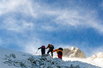 Tree snow hikers climbing a snowy mountain during a snowstorm